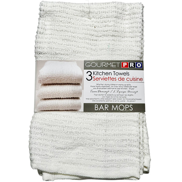 GOURMET PRO - RIBBED BAR MOP TEA TOWELS WHITE 3PC