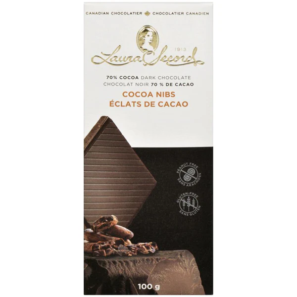LAURA SECORD - DARK CHOCOLATE 70% COCOA NIBS BAR 100GR