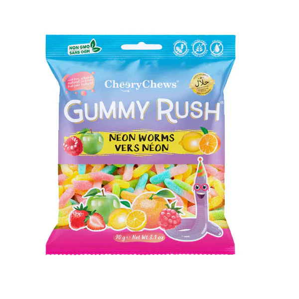 CHERRY CHEWS - NEON WORMS MIXED FLAVORS 48x90 GR