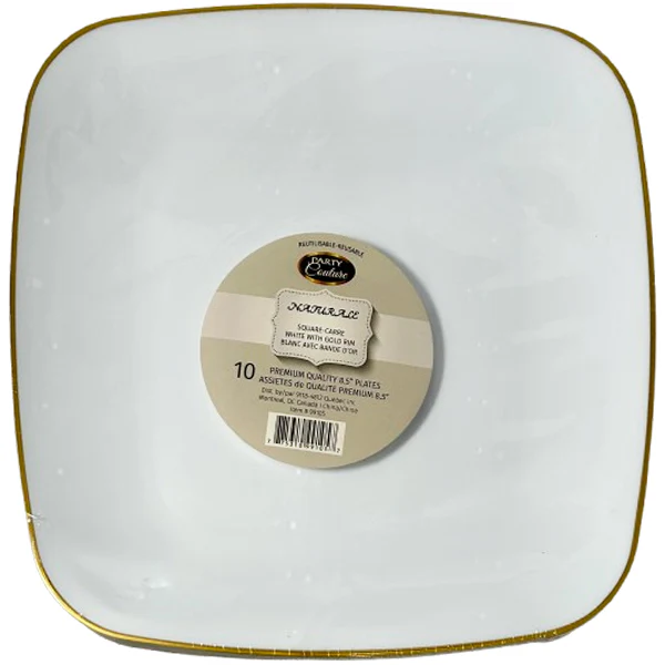 NATURALE - 8.5" WHITE SQUARE PLATES W/ GOLD RIM 12x10 PK