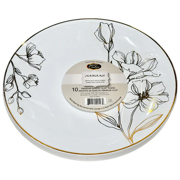 NATURALE - 10.25" WHITE PLATES W/ GOLD FLOWER 12x10 PK