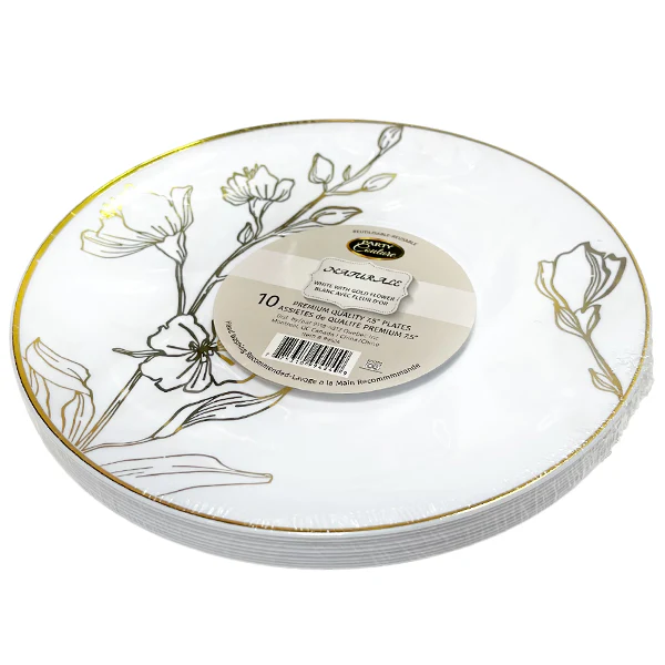 NATURALE - 7.5" WHITE PLATES W/ GOLD FLOWER 10PK
