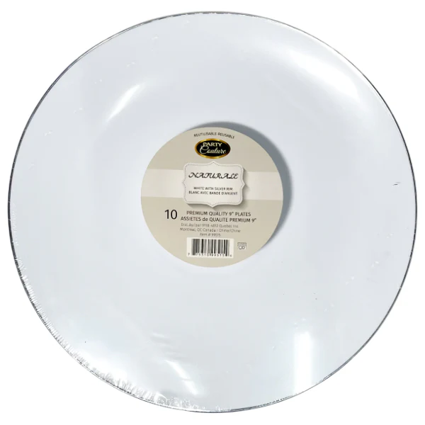 NATURALE - 9" WHITE PLATE W/ SILVER RIM 10PK