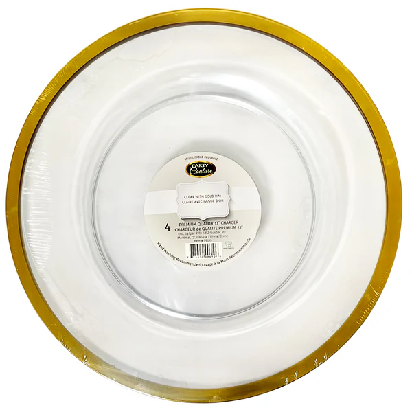 PARTY COUTURE - 13IN CLEAR CHARGER PLATE WITH GOLD BAND 4 PK