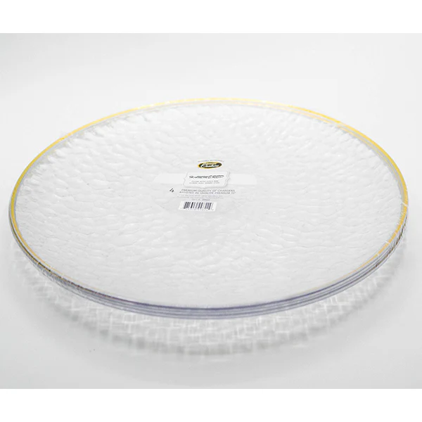 PARTY COUTURE - HAMMER CLEAR 13IN CHARGER WITH GOLD RIM 4 PK