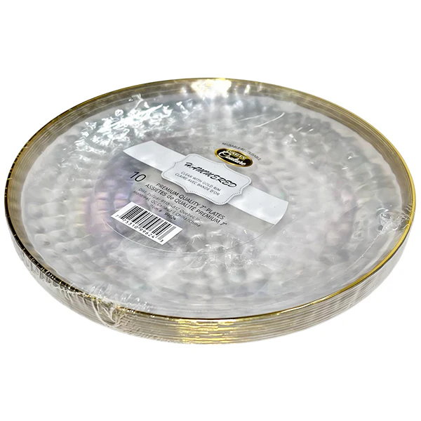 MADISON - 7" HAMMERED CLEAR W/ GOLD RIM PLATES 10PK