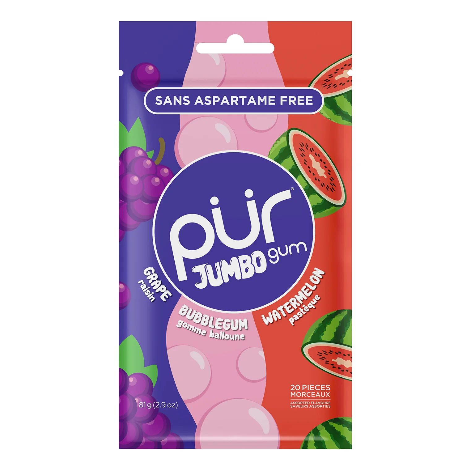 PUR - JUMBO GUM GRAPE BUBBLEGUM WATERMELON 81GR