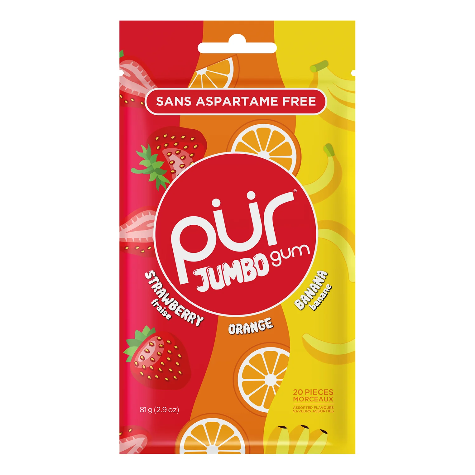 PUR - JUMBO GUM STRAWBERRY BANANA ORANGE 81GR