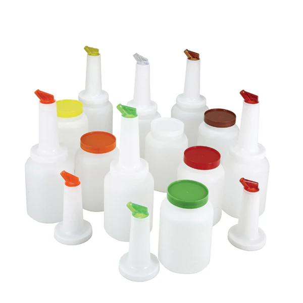 WINCO - 1qt LIQUOR/JUICE POUR BOTTLE SET, 2 of EACH COLOR EA