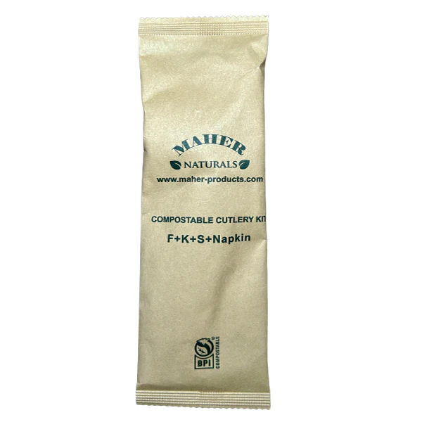 MAHER NATURALS - CUTLERY KIT 6.5" COMPOSTABLE W/ PAPER WRAPPER 500 PK