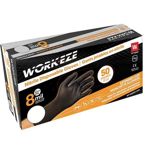 WORKEZE - 8MIL NITRILE BLACK GLOVE EXTENDED CUFF LARGE 10x50 CT