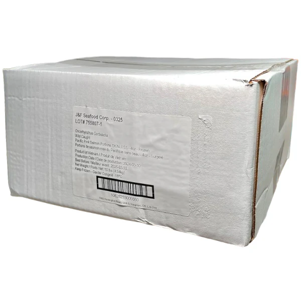 J & F - FROZEN PINK SALMON PORTIONS 4OZ SKINLESS 10LB