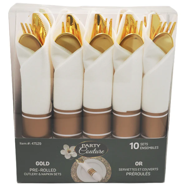 PARTY COUTURE - GOLD PRE-ROLLED CUTLERY SET 12x10 PK