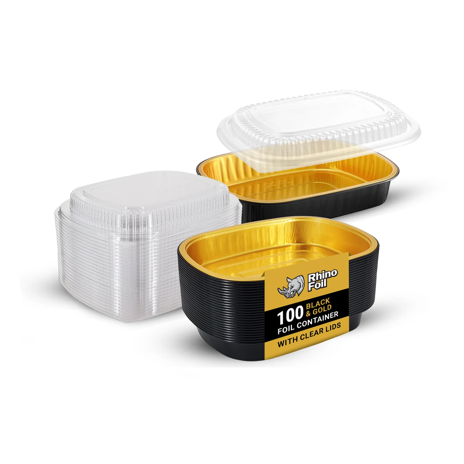 Rhino-Foil - Small (26oz) Black & Gold Foil Cont. w/ Clear Dome Lid — Case (4 x 25 CT)