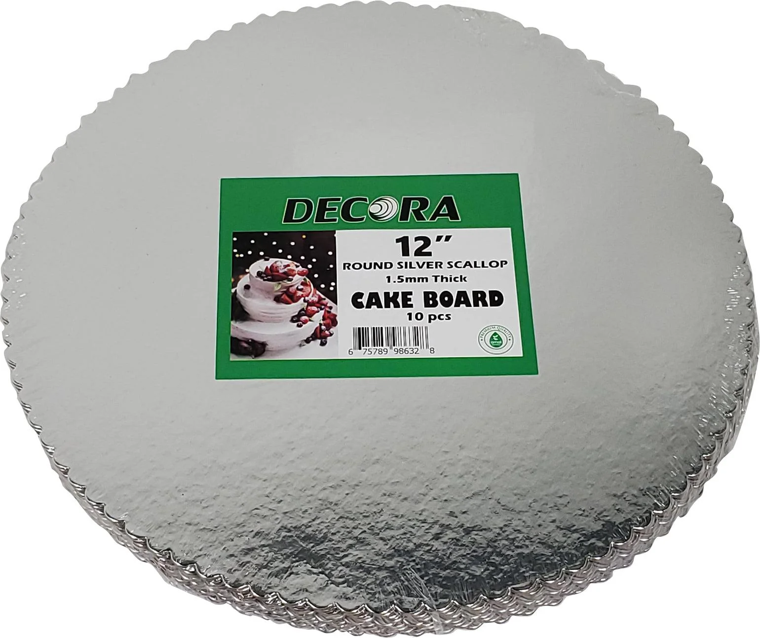 Decora Silver Scallop Round Cake Boards - 12" — Case (25 x 10 CT)