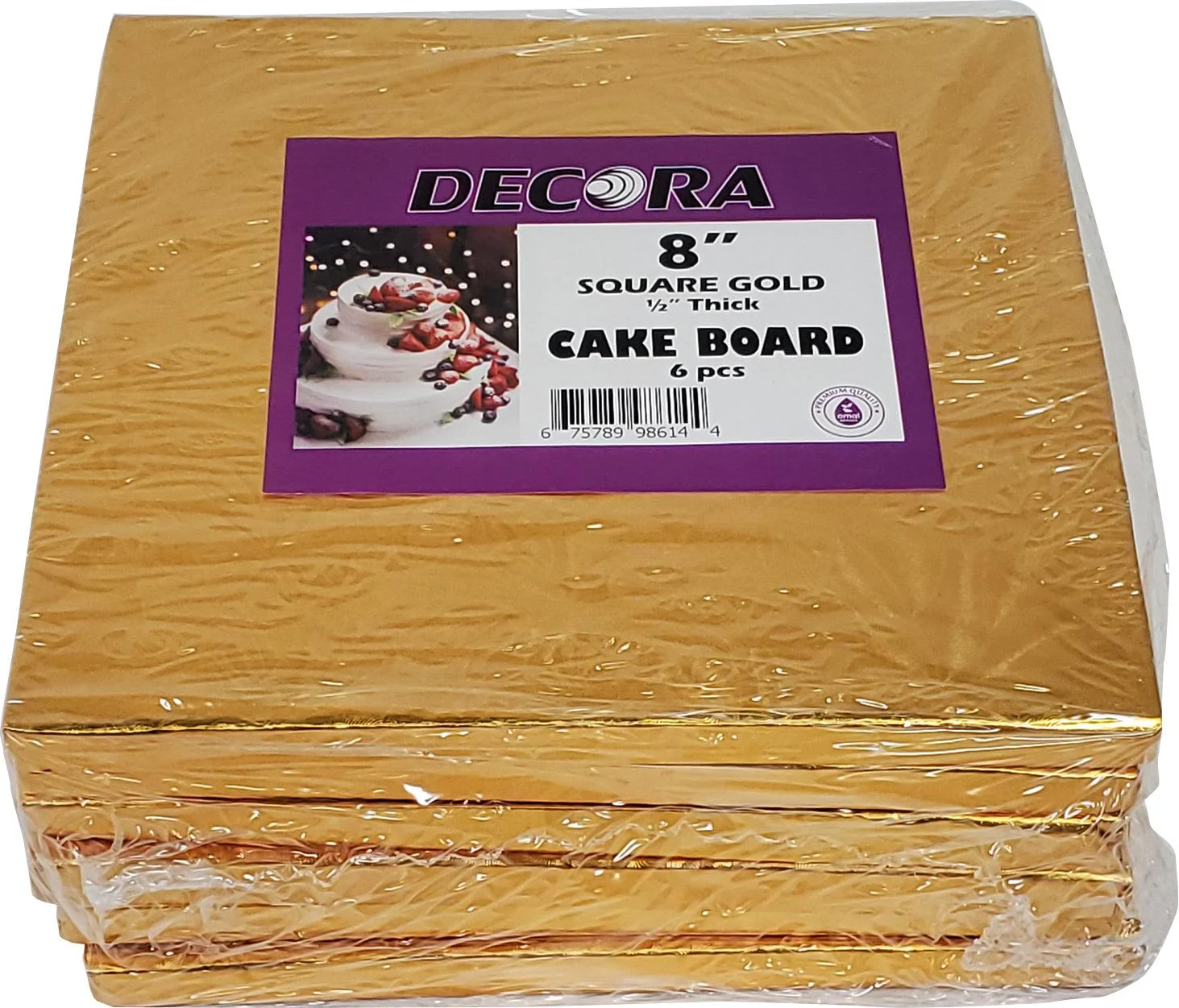 Decora - 8" Square 1/2" Cake Board - Gold — Case (2 x 6 CT)
