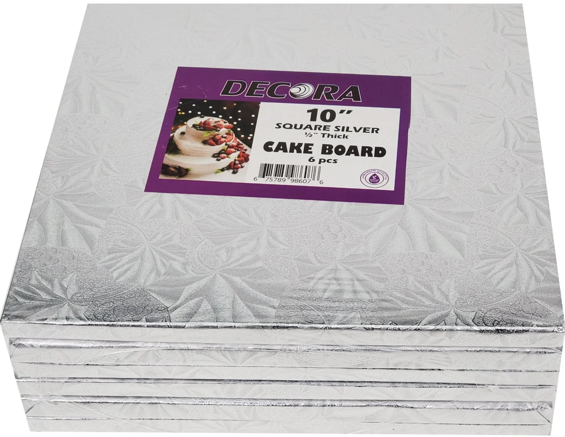 Decora - 10" 1/2" Square Cake Drum - Silver — Case (6 CT)