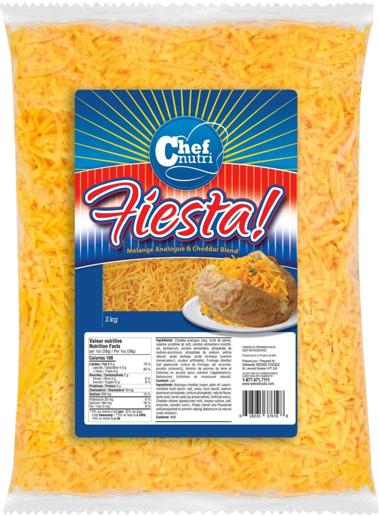 Chef Nutri - Cheese - Fiesta - Cheddar Style - Shredded - 80619 — Case (2 x 2 KG)