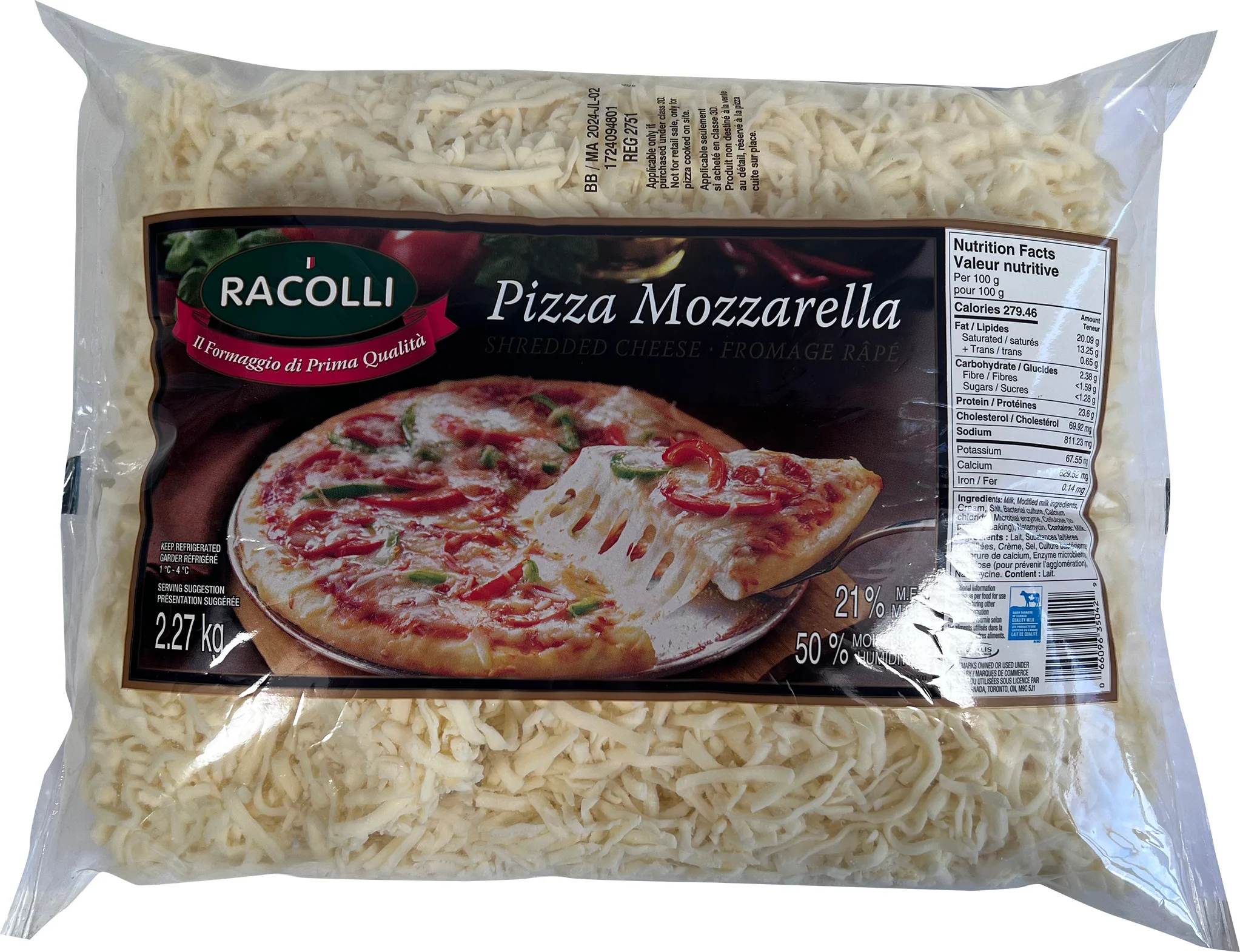 Racolli - Cheese - Mozarella - Shredded - 20% — Case (4 x 2.27 KG)