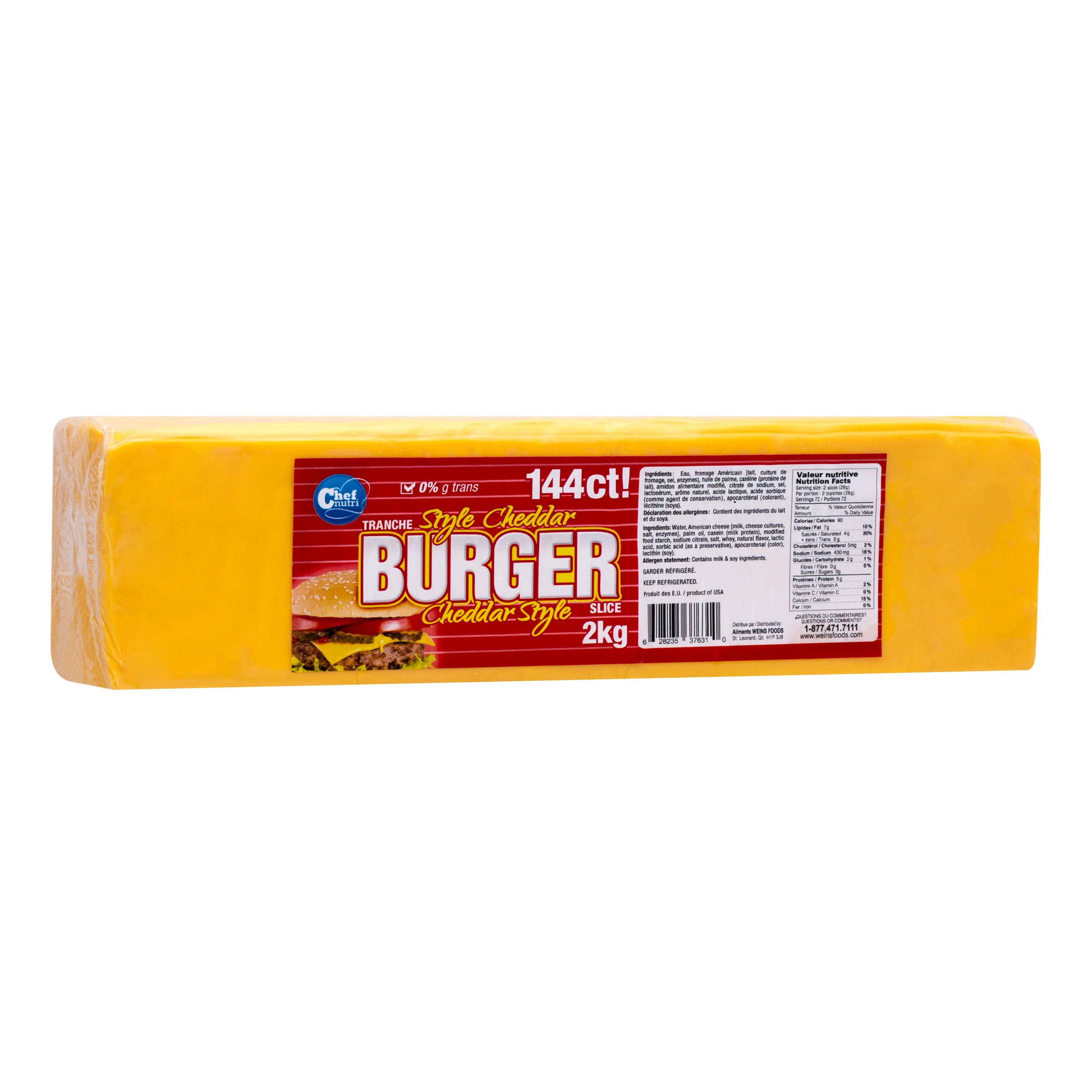 Chef Nutri - -Cheddar Cheese Slices for Burger(144ct) - 80631 — Each (2 KG)