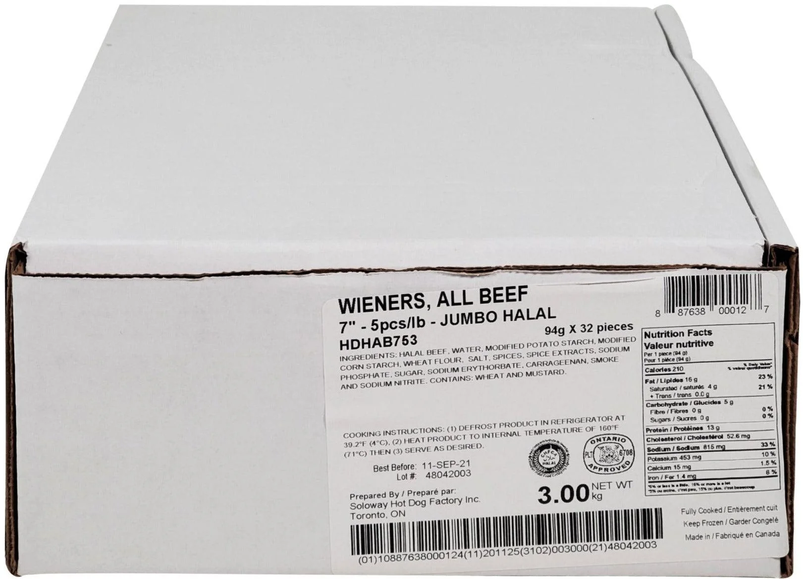 Frozen - Soloway's - Cooked - 7" Beef Weiners - Halal