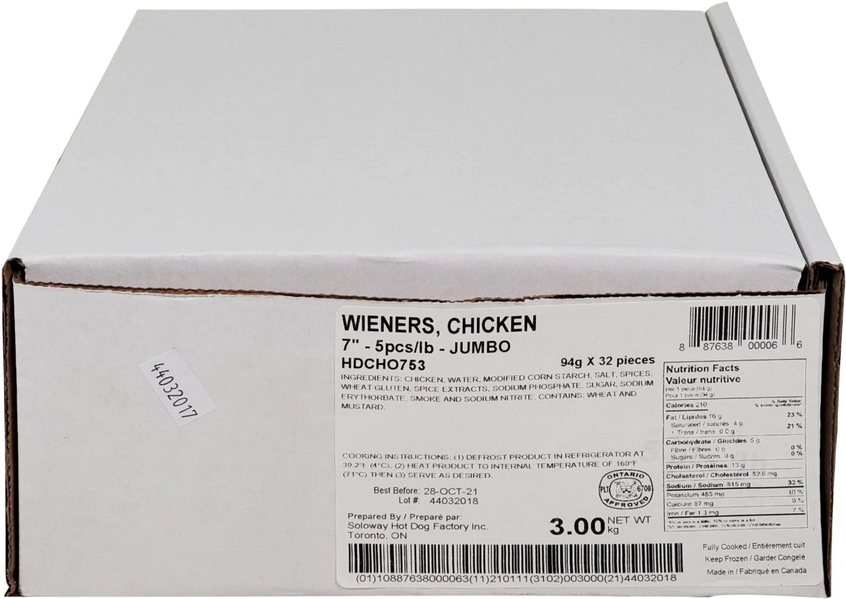 Frozen - Soloway's - Cooked - 7" Chicken Weiners - Halal