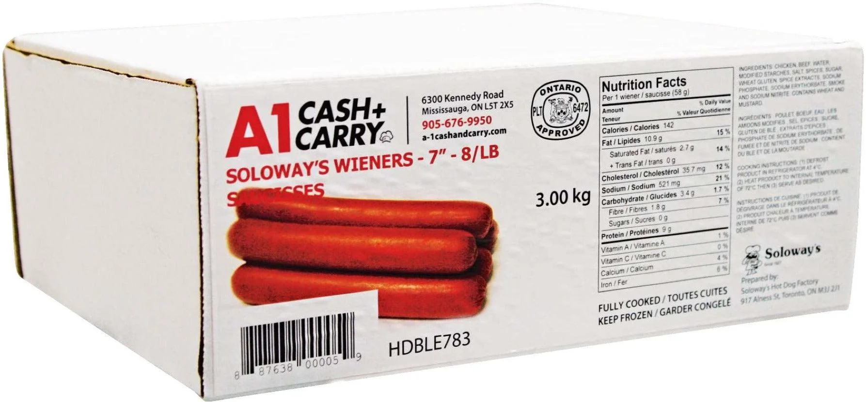 Frozen - Soloway's - Cooked - 7" Original Wieners (45 pieces)