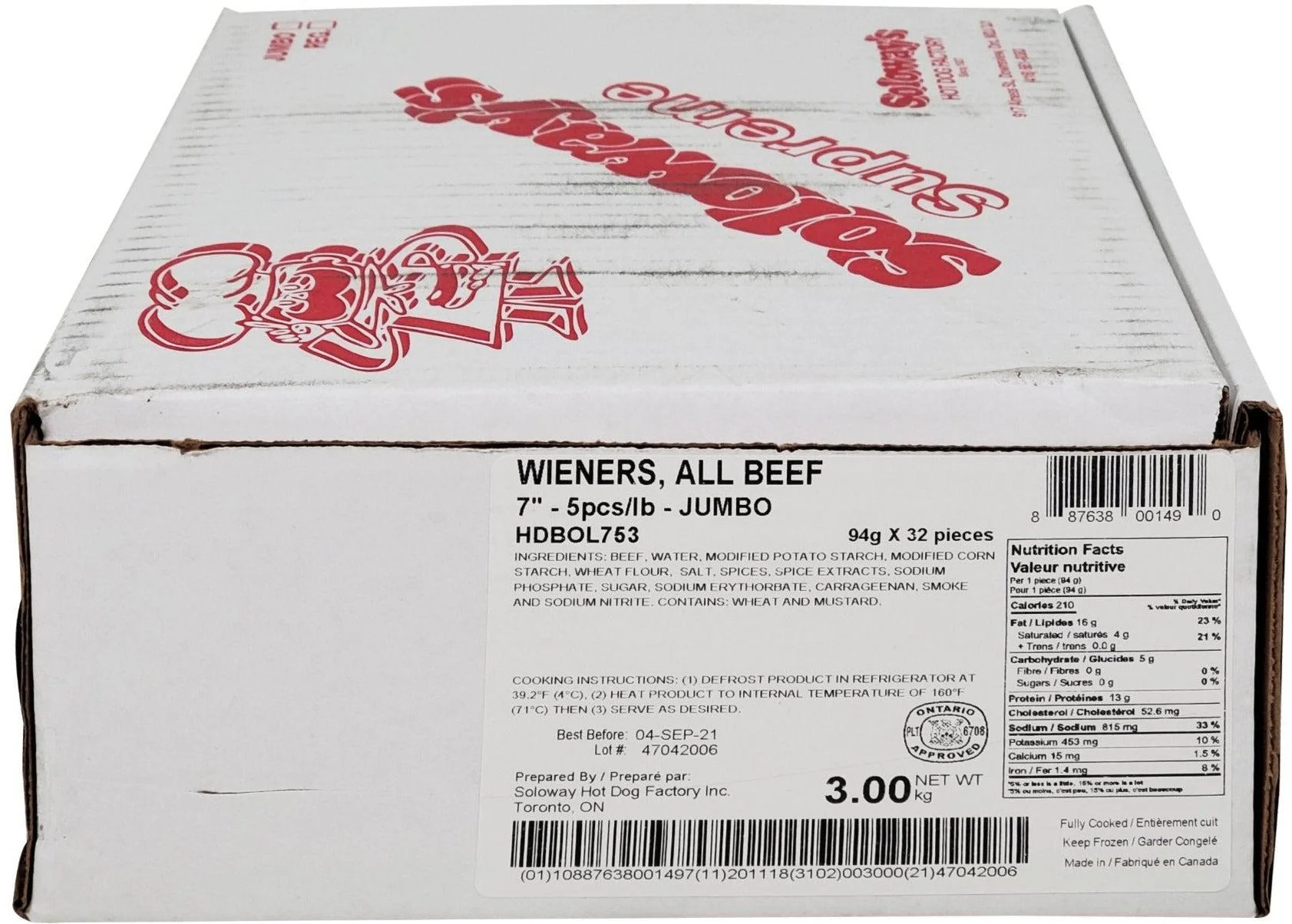 Frozen - Soloway's - Cooked - 7" Beef Wieners