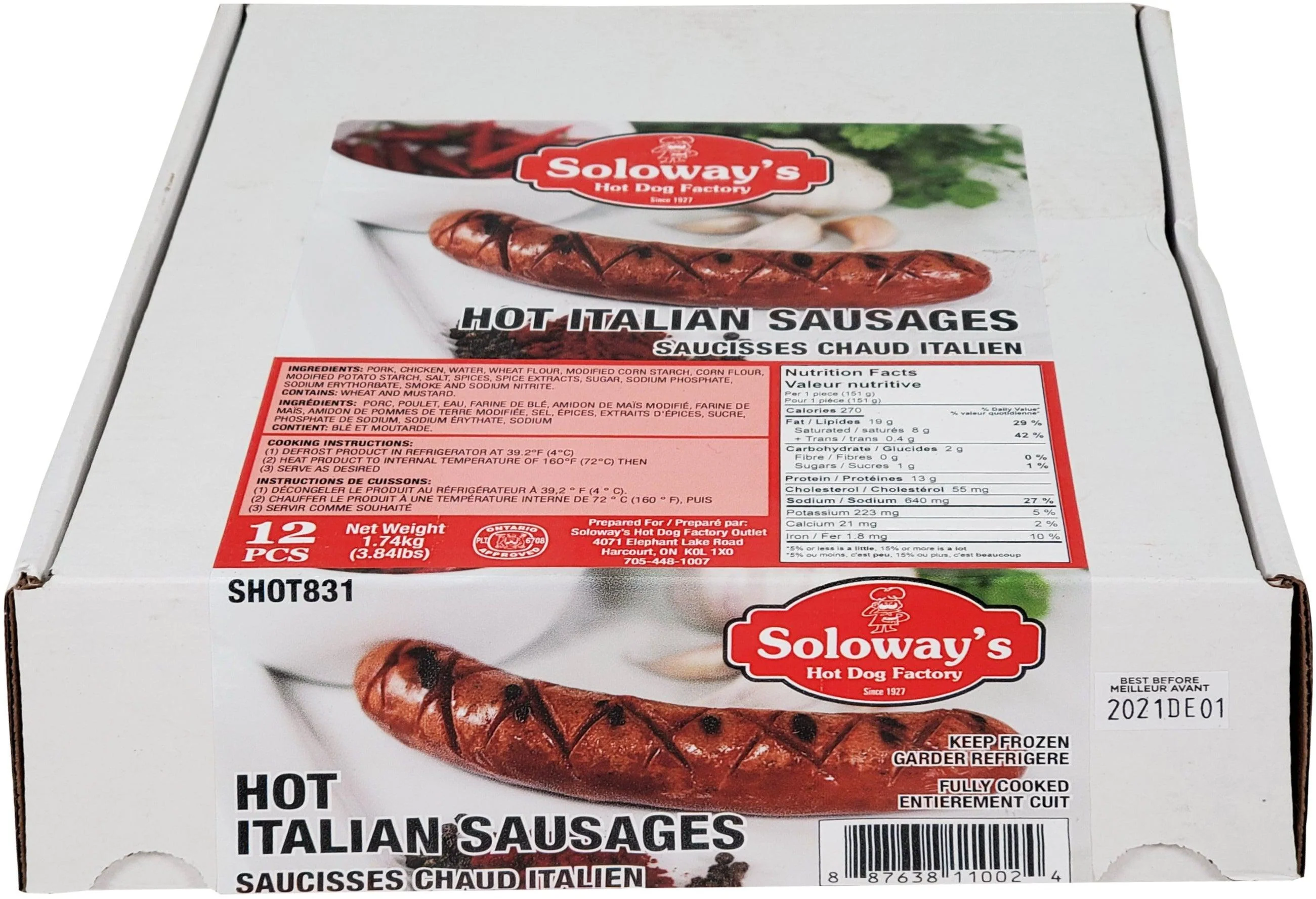 Frozen - Soloway's - Cooked - 8" Sausages - Italian - Hot