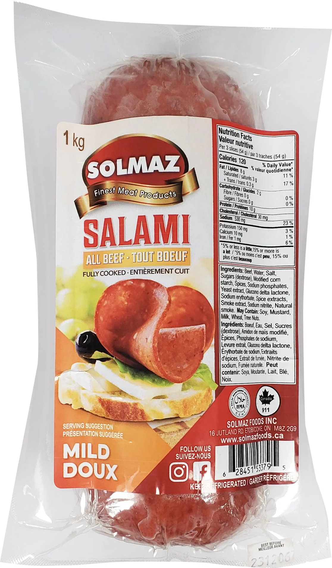 Fresh Deli - Solmaz - Cooked - Beef Salami - Mild - Halal — Case (5 x 1 KG)