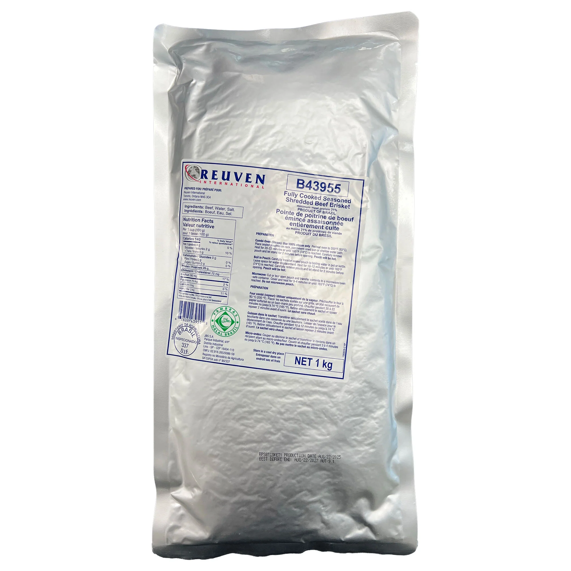 Reuven Fully Cooked Seasoned Shredded Beef Brisket — Each (1 KG)