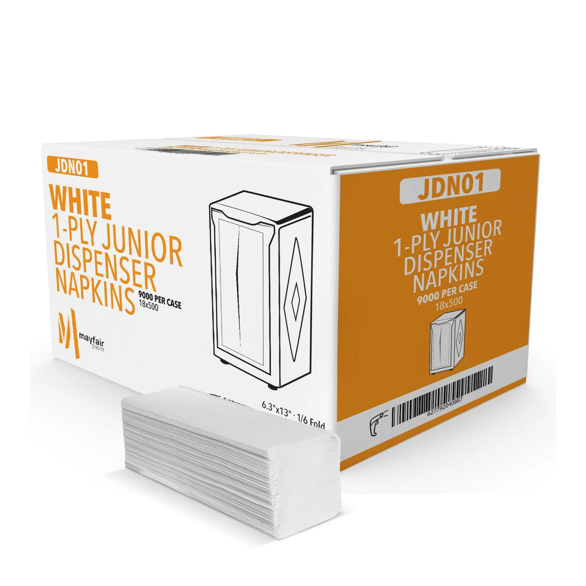 Mayfair - 1 Ply Junior Dispenser Napkins 1/6 Fold - White - JDN01 — Case (18 x 500 CT)