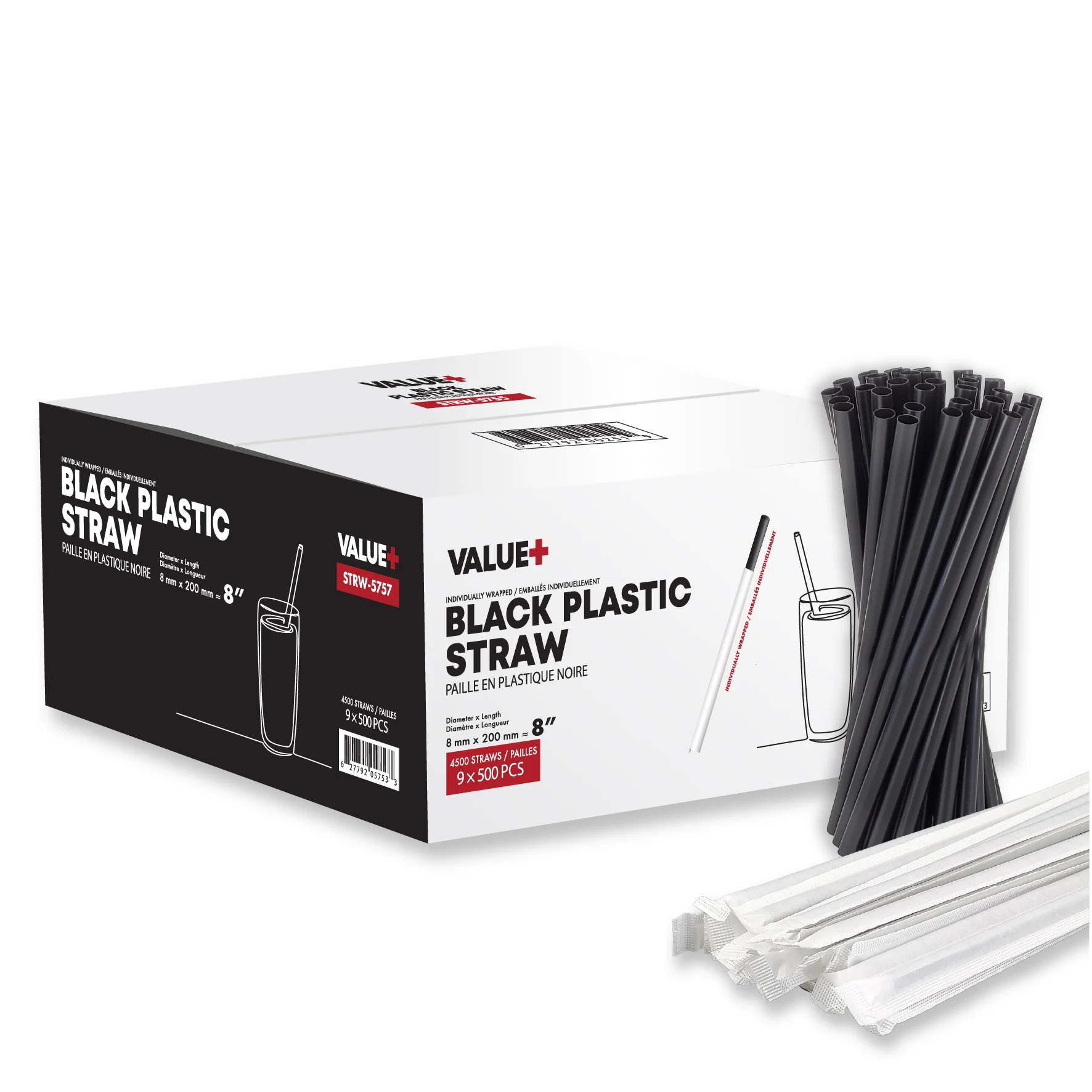 Value+ - 8" Black Plastic Jumbo Straws - Ind. Wrapped - 8mm — Case (9 x 500 CT)