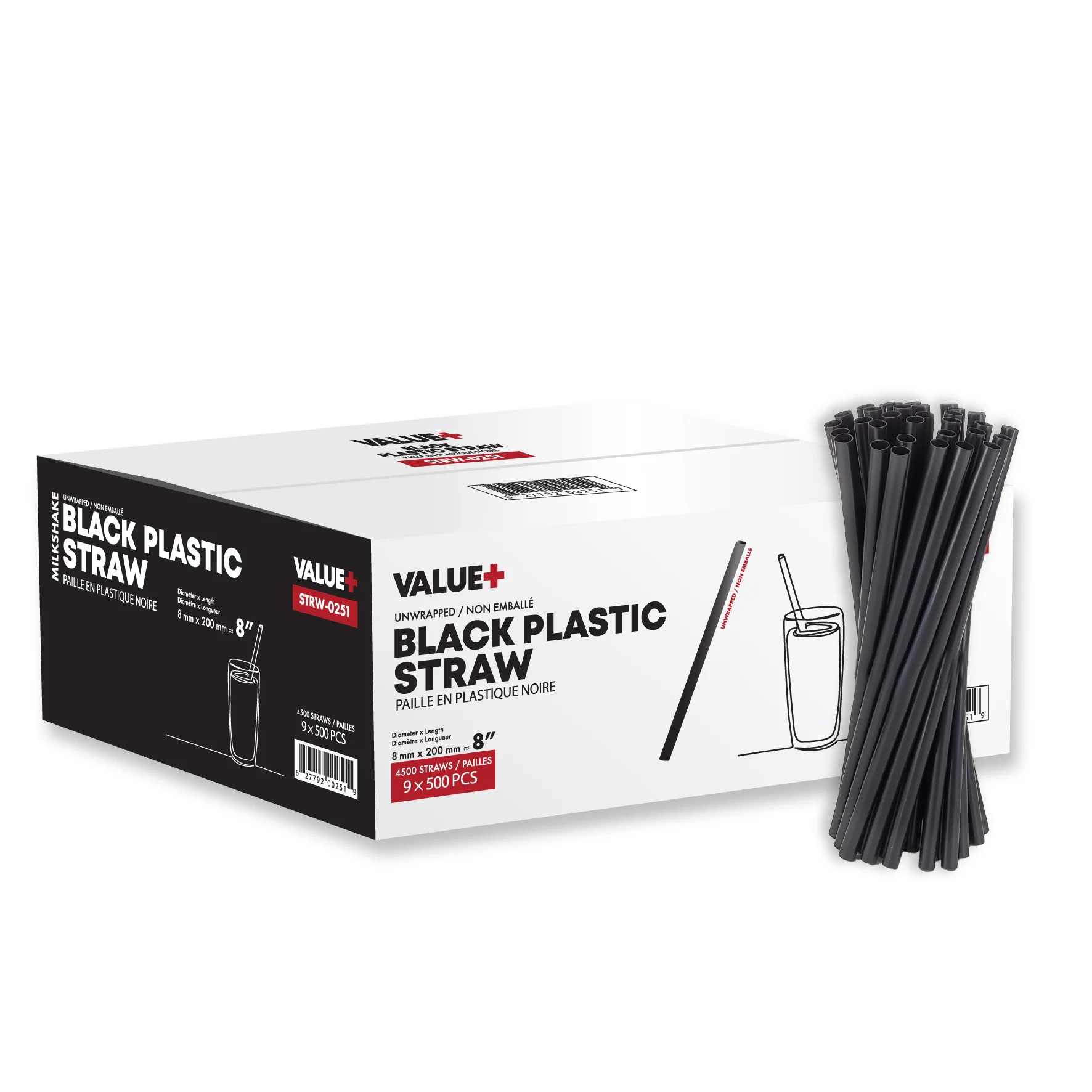 Value+ - 8" Black Plastic Jumbo Straws - 8mm — Case (500 CT)