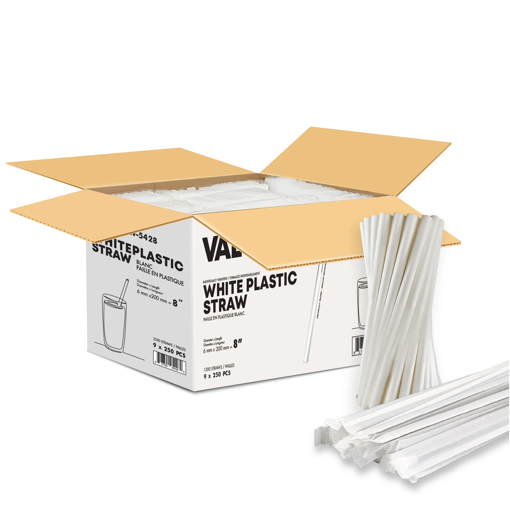 Value+ - 8" White Plastic Straw - Milkshake - Wrapped - 6 mm — Case (250 CT)