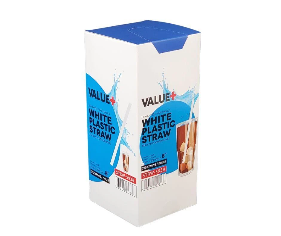 Value+ - 8'' Milkshake Straws – White - Plastic - 6 mm — Case (250 CT)
