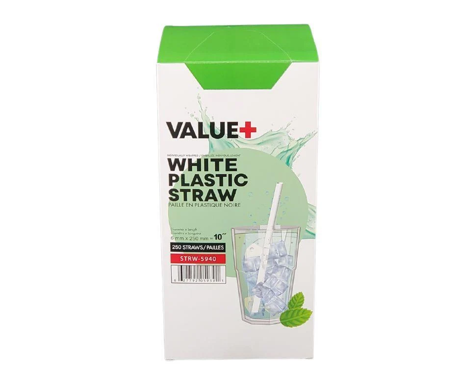 Value+ - 10'' Ind. Wrapped Milkshake Straws – White – Plastic - 6 mm — Case (250 CT)