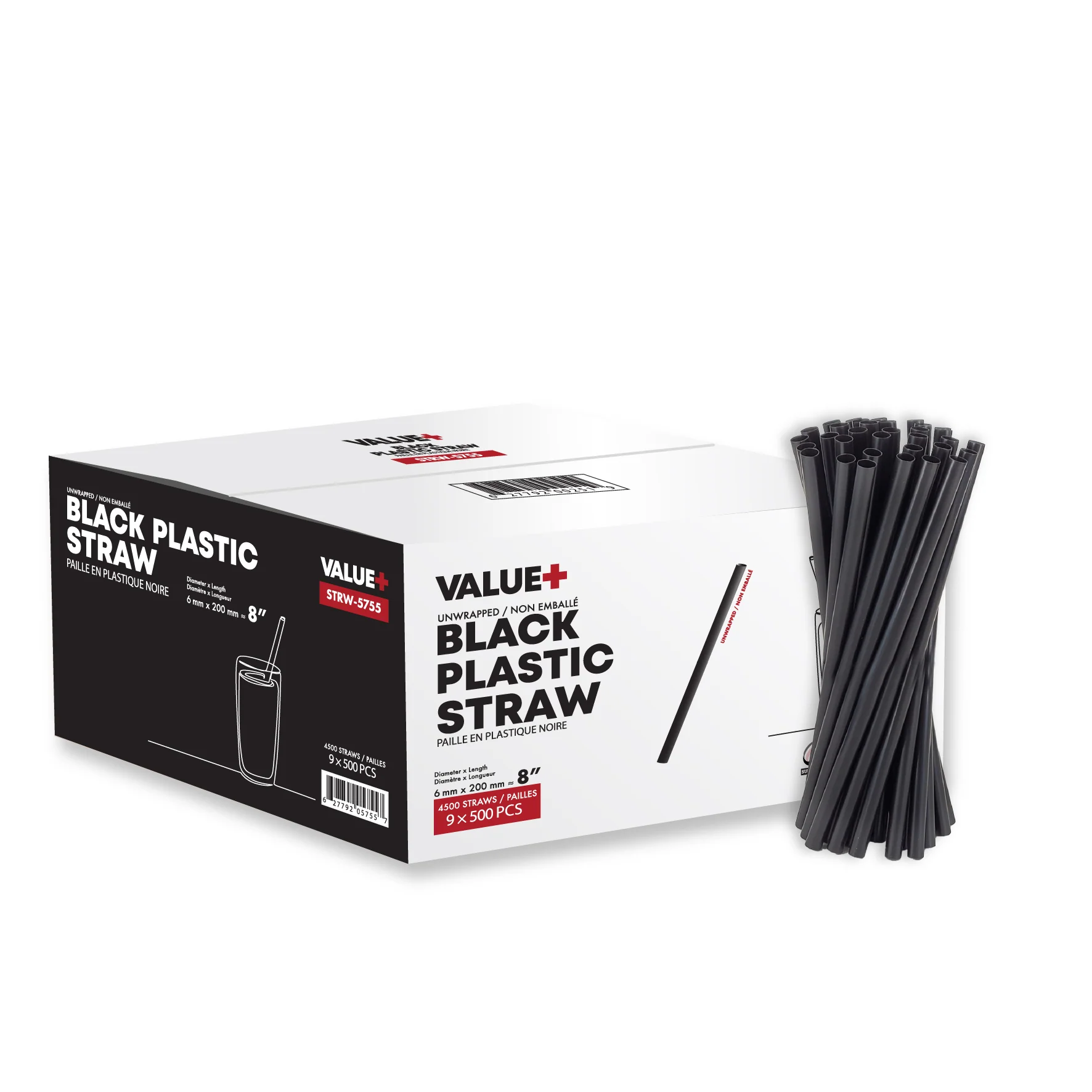 Value+ - 8'' - Black Plastic Straw - 6 mm — Case (9 x 500 CT)