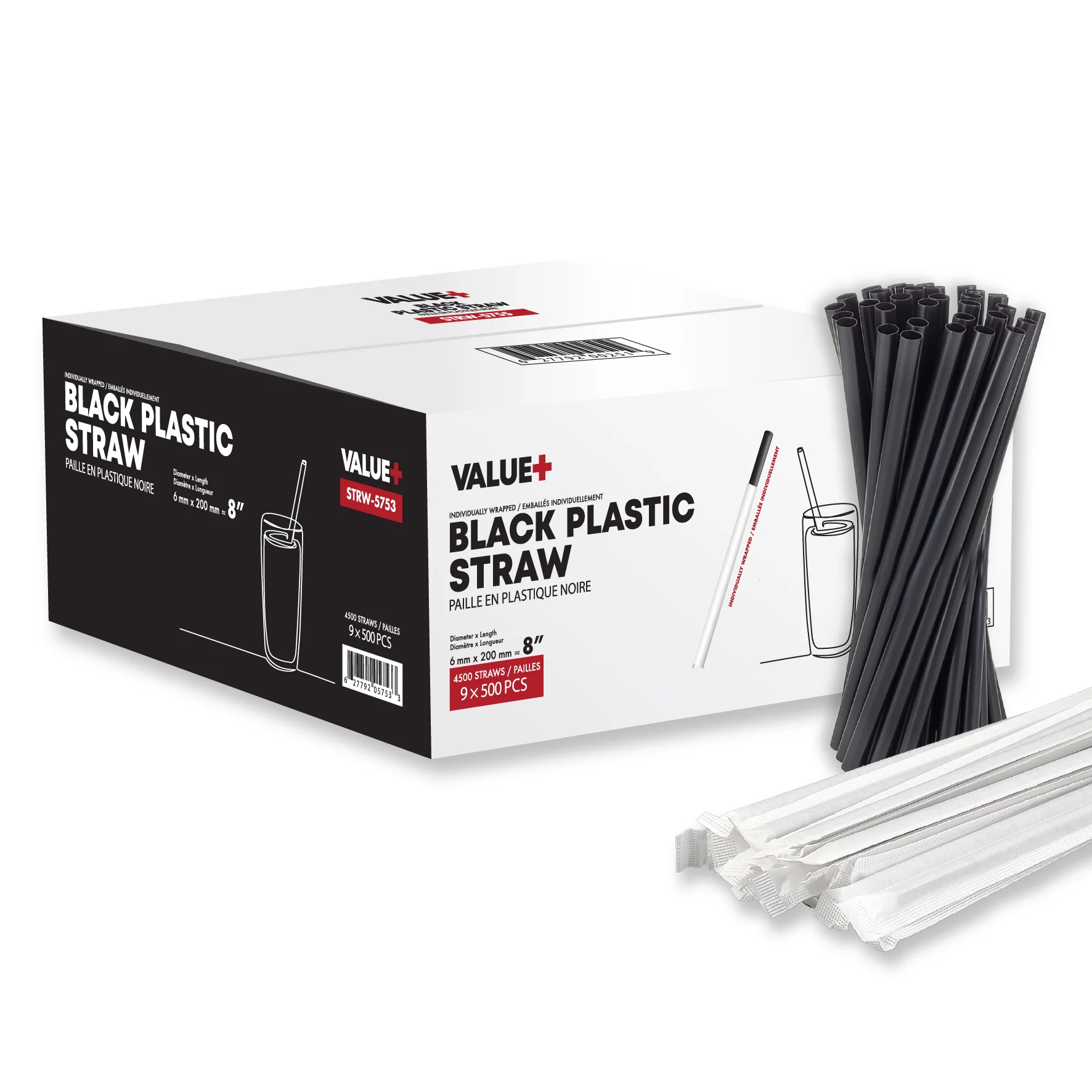 Value+ - MILKSHAKE - 8" Black Plastic Straw - Ind. Wrapped - 6 mm — Case (9 x 500 CT)