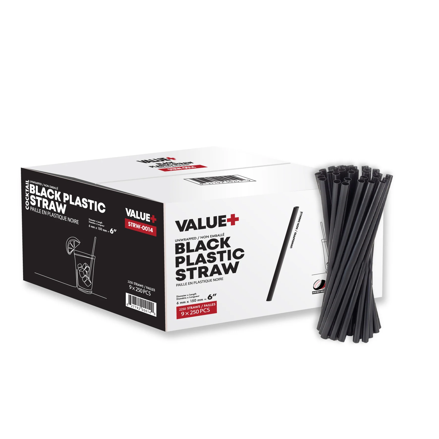 Value+ - 6" Black Plastic Cocktail Straws - 6mm — Case (250 CT)