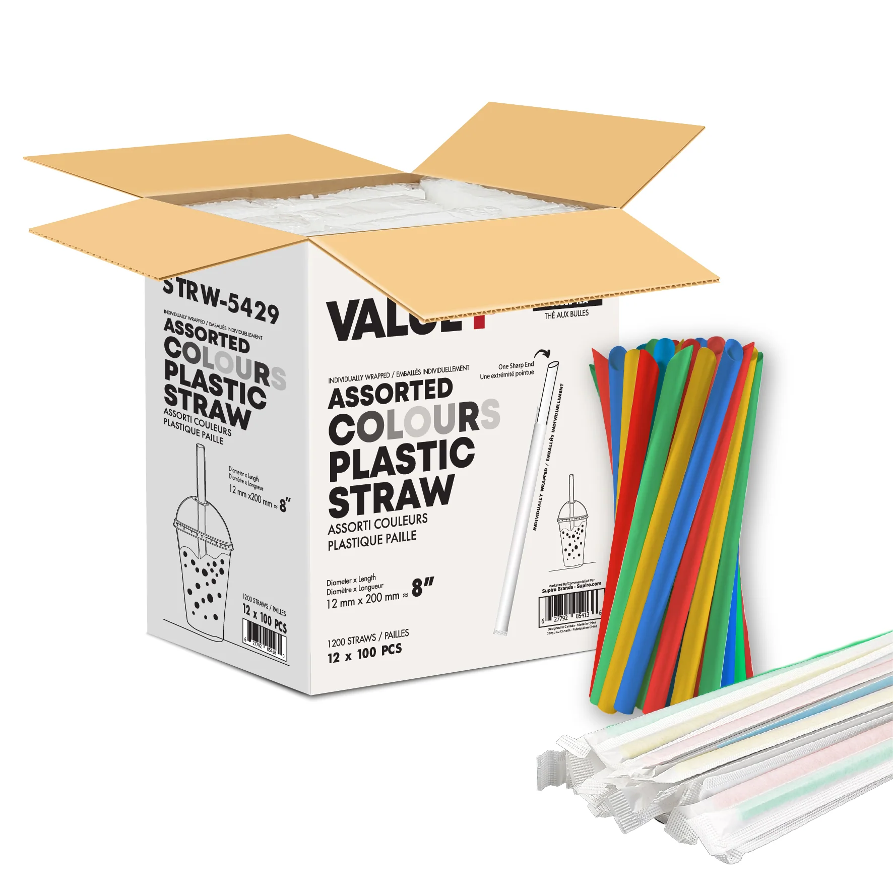 Value+ - 8" Assorted Colours Plastic Straws- Bubble Tea- Sharp End - Paper Wrapped - 12 mm — Case (100 CT)