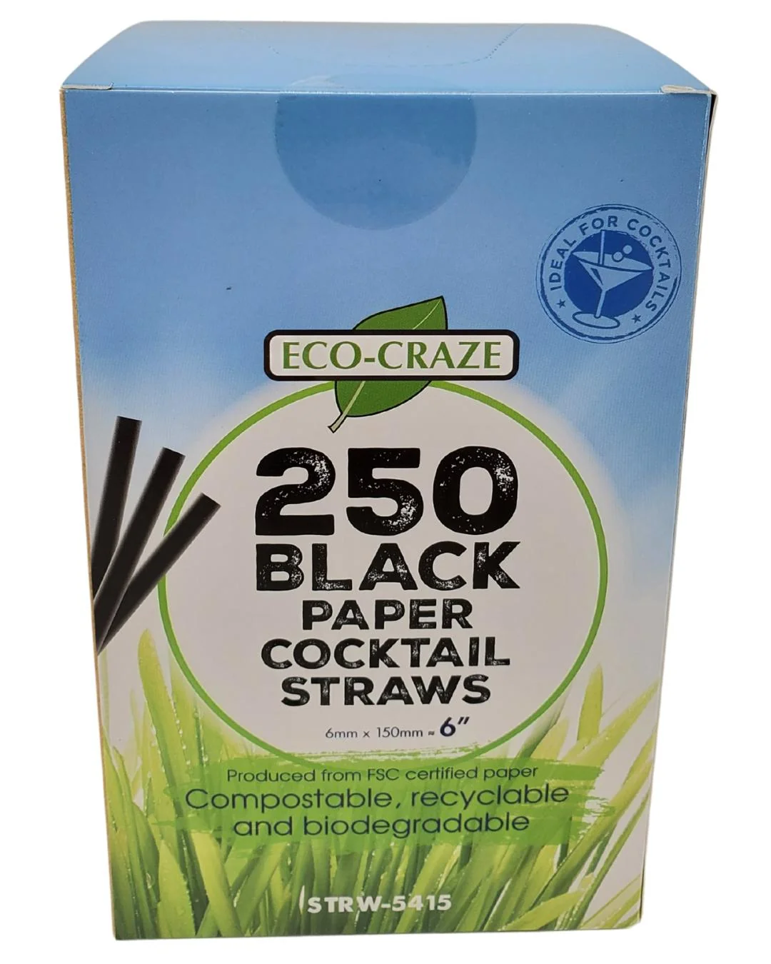 Eco-Craze - 6" Cocktail Straws - Paper - Black - 6mm — Each (250 CT)