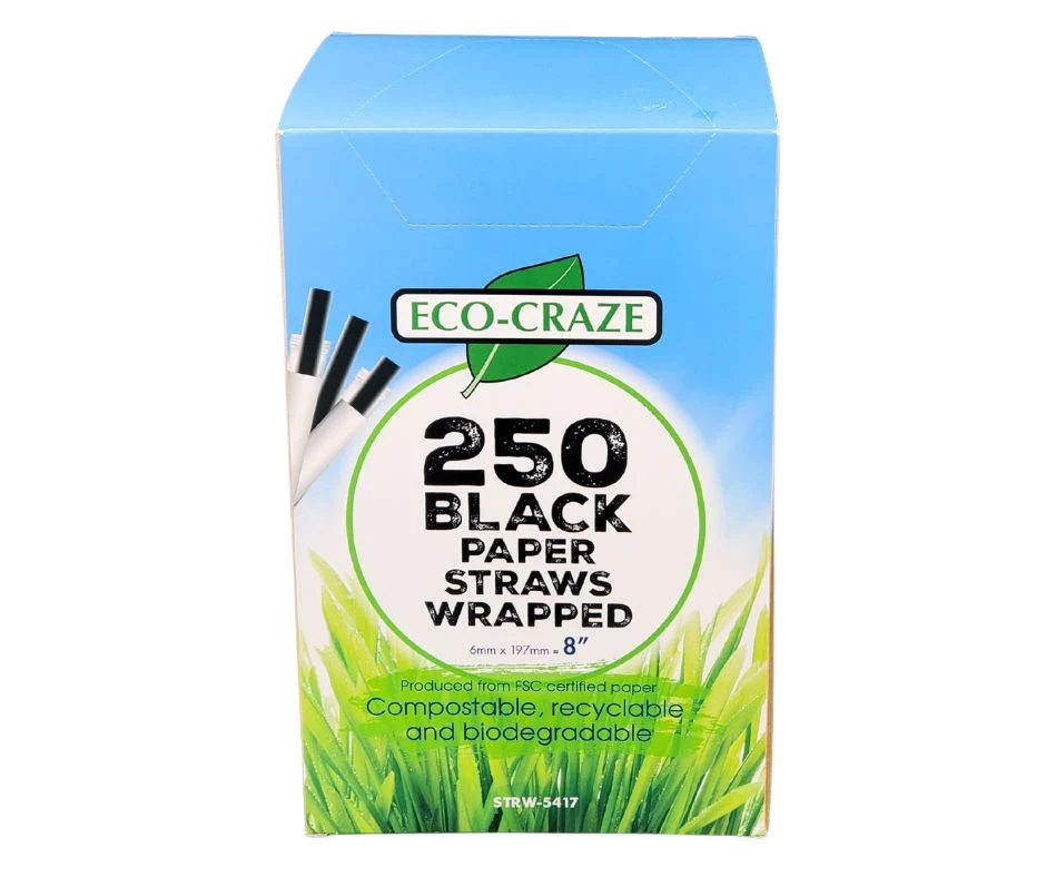 Eco-Craze - 8" Ind. Wrapped Milkshake Straws - Paper - Black - 6mm — Case (12 x 250 CT)