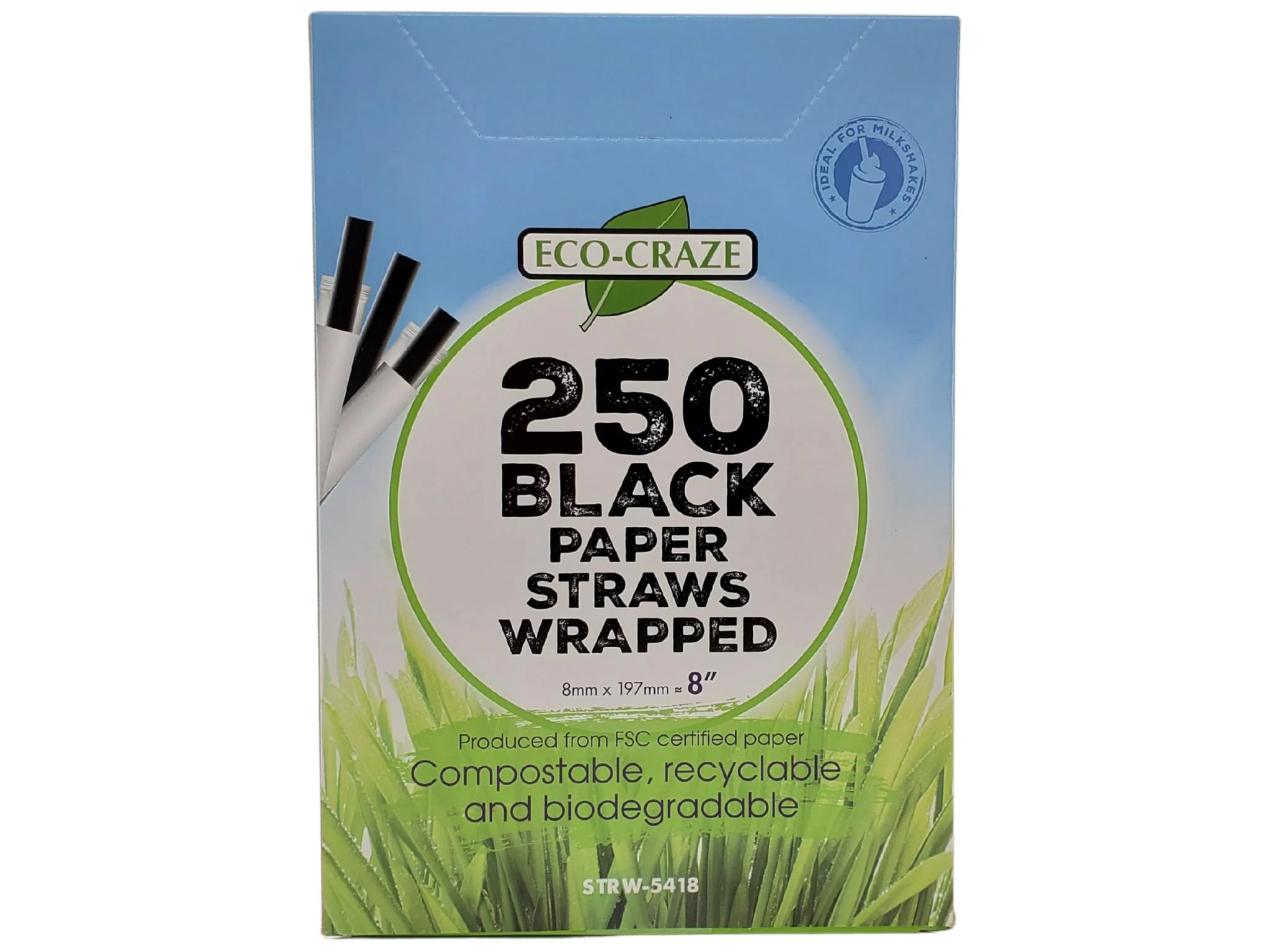 Eco-Craze - 8"- Ind Wrapped - Jumbo Straws - Paper - Black - 8mm — Each (250 CT)