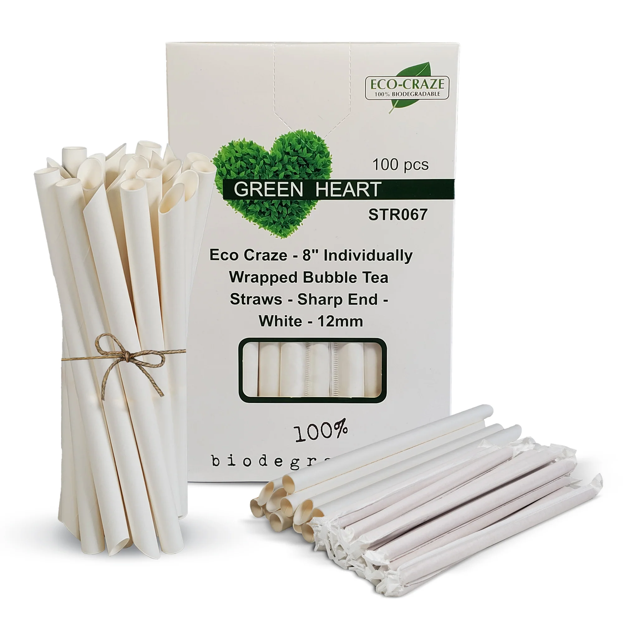 Eco-Craze - 8" Ind. Wrapped Bubble Tea Straws - Paper - Sharp End - White - 12mm — Case (100 CT)