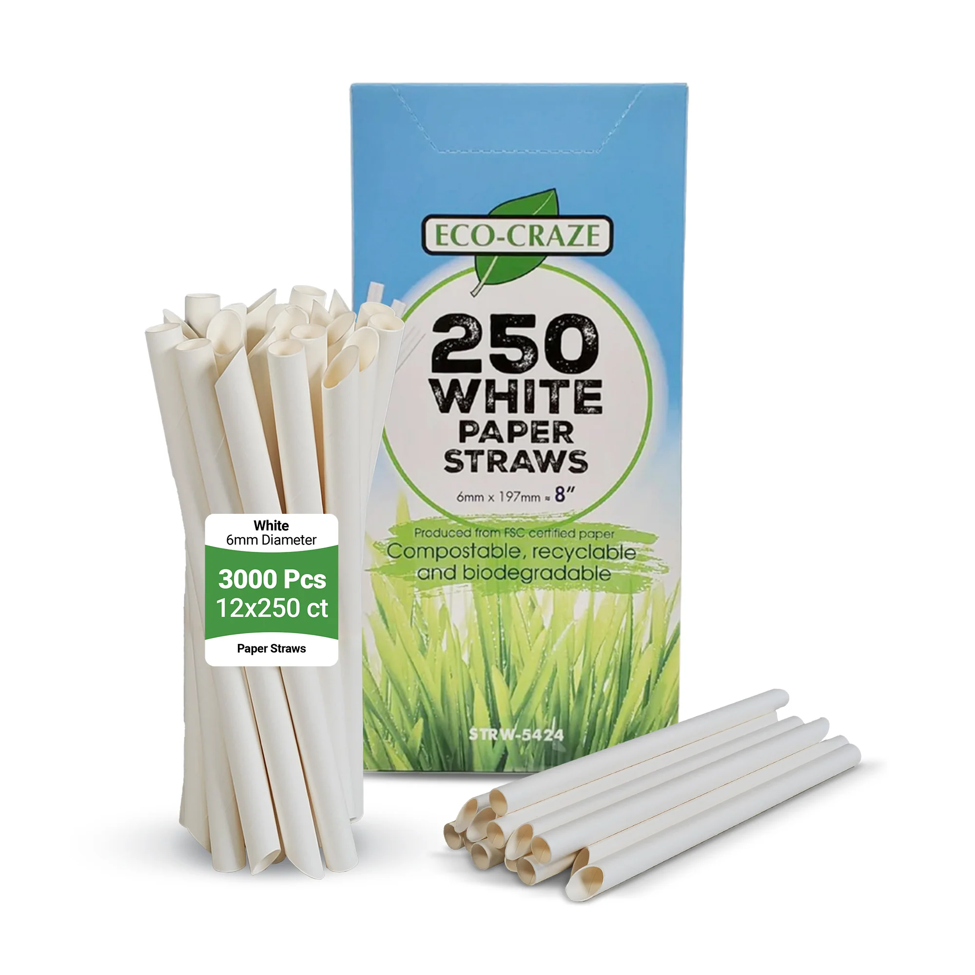 Eco-Craze - 8" White Paper Straw - 6 mm — Case (12 x 250 CT)