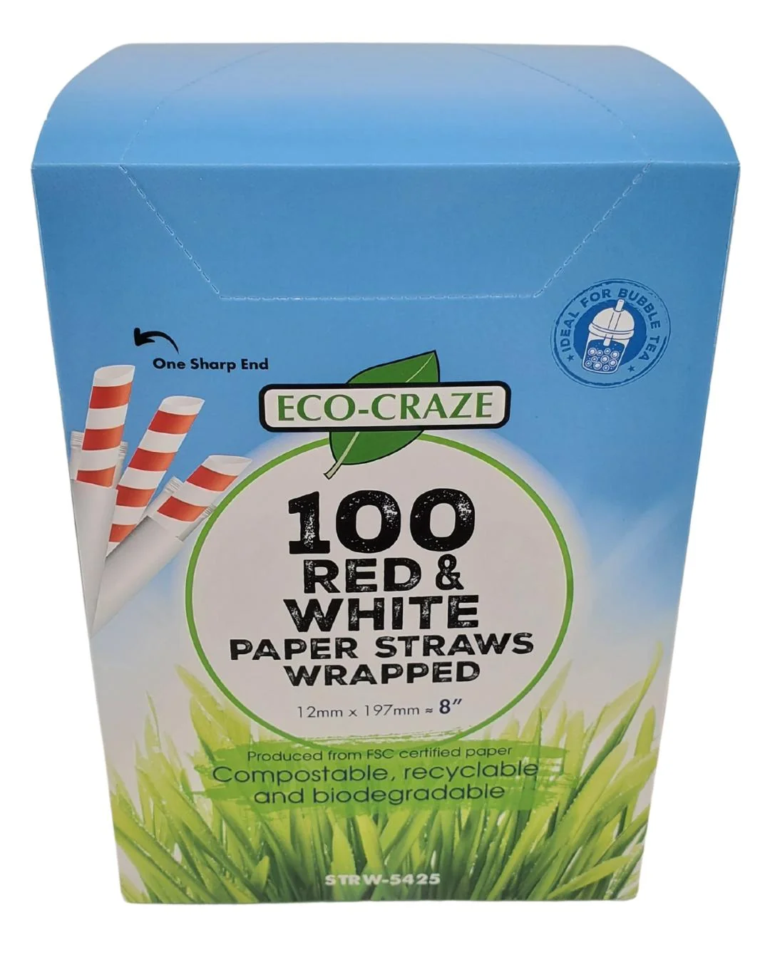 Eco-Craze - 8" Red & White Paper Straw - Bubble Tea - Sharp End - Wrapped - 12 mm — Case (100 CT)