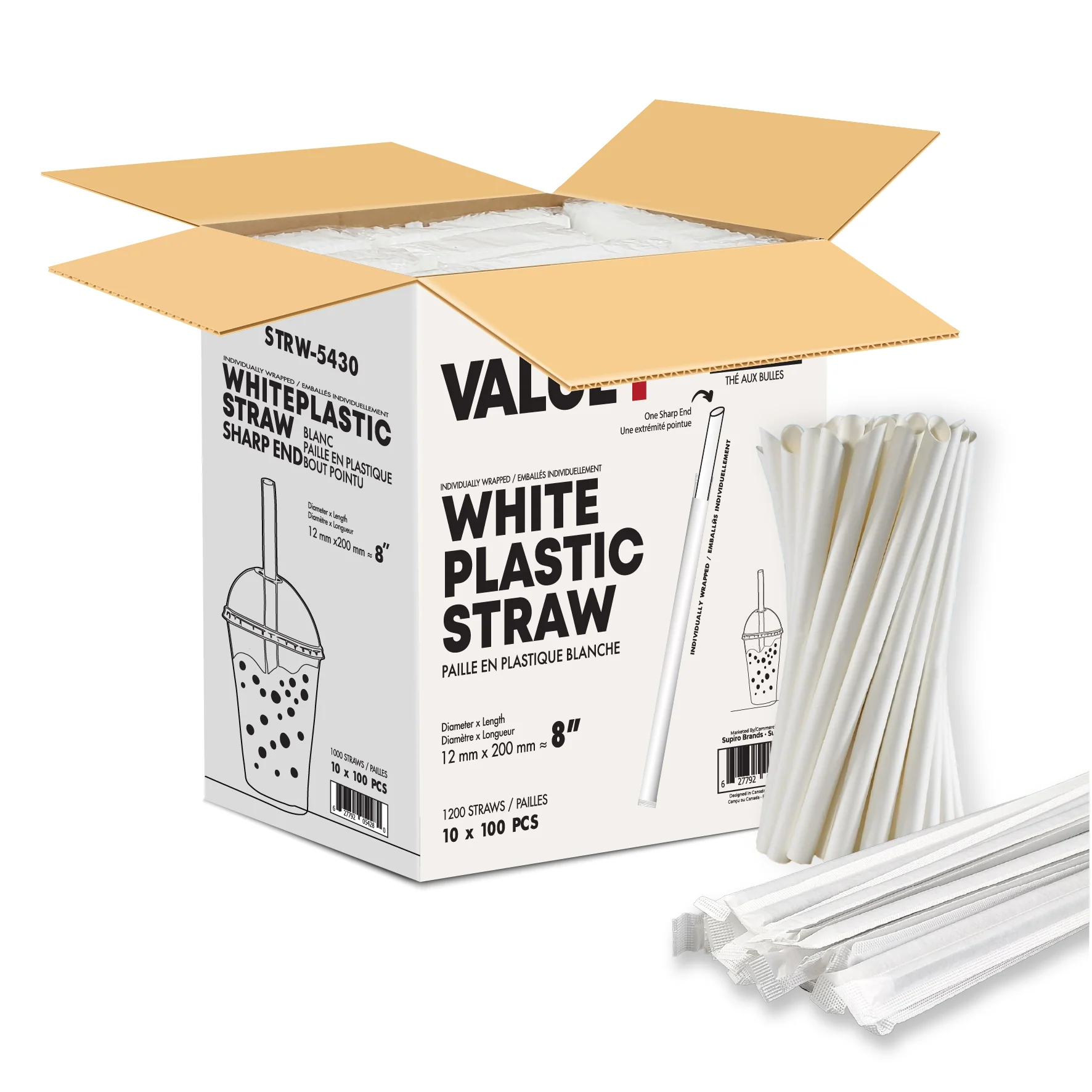 Value+ - 8"- Ind Wrapped - White Plastic Straw - Bubble Tea - Sharp End - White - 12 mm — Case (10 x 100 CT)