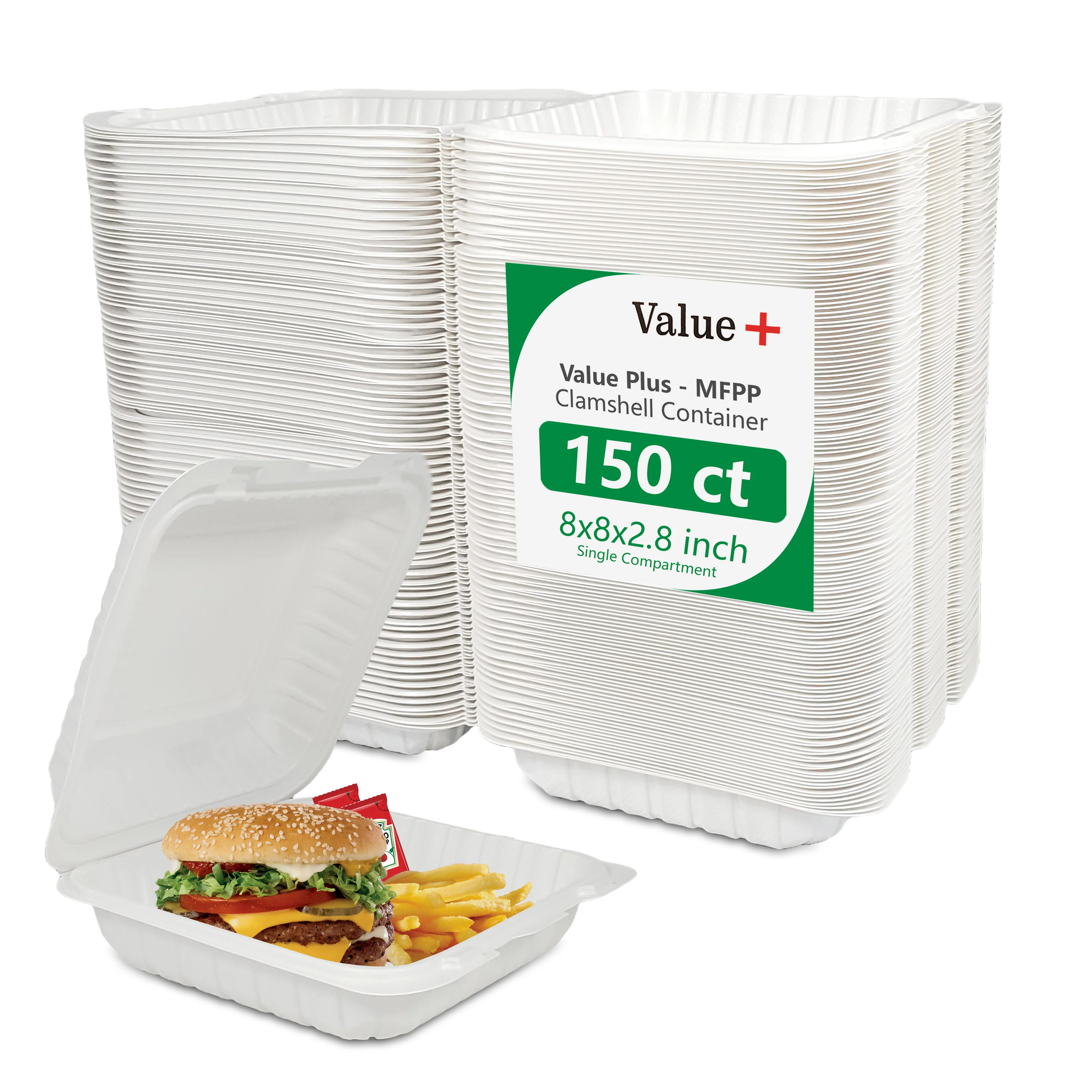 Eco-Craze MFPP Clamshell Container 8x8x2.6"- 1 Compt White