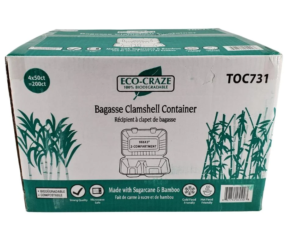 Eco-Craze - Bagasse Clamshell Container - 9X6 - 2 Comp — Case (4 x 50 CT)